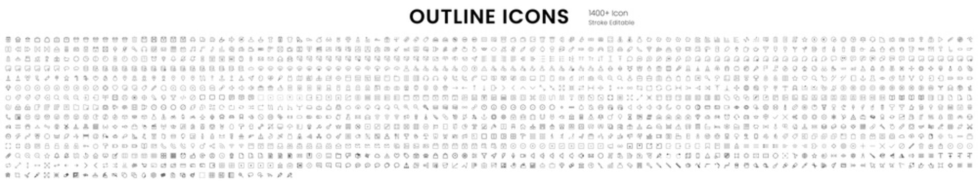 Set of outline icons with editable stroke. This pack included business, cloth, cooking, account and web icons