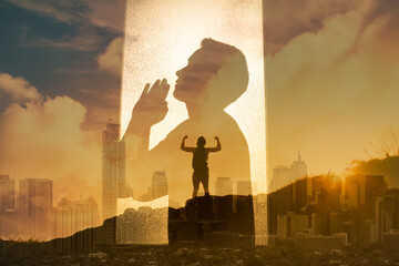 Young confident man praying to god. Religious belief and strength concept	