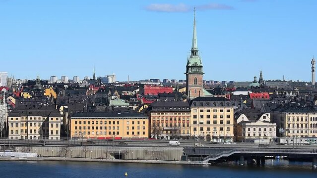 Stockholm, Sweden - April 19, 2022: Overlooking the of famous Stockholm skyline including Stockholm city center and the historic Riddarholmen in Gamla Stan old town district.