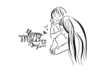 Happy Mother's Day. Mom and child in a line. Vector illustration