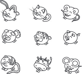 Hand drawn cartoon animal set. Cute animals for kids childern design. Pencil sketch drawings. Vector illustration.