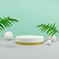 3d rendering podium stage for minimal product mockup presentation with golden surface and plants