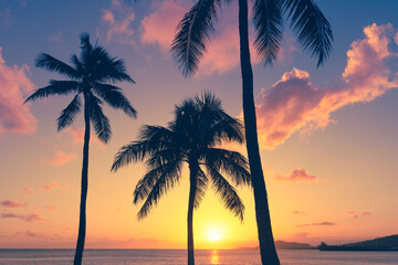 Naklejka na ściany i meble sunset on the beach and palm tree silhouettes 