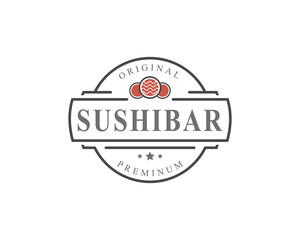 Obraz premium Vintage Retro Badge Sushi Restaurant Logos Japanese Food with Sushi Salmon Rolls Silhouettes