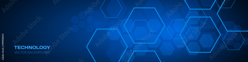 Poster Technology dark blue wide abstract background with hexagonal elements. Abstract hexagon medical navy blue horizontal banner. Innovation medicine, science, technology or high intelligence design.