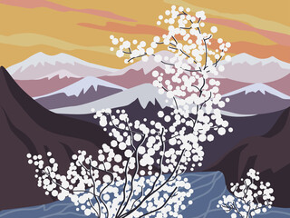 Beautiful blossoming trees season in mountains landscape. Snowy mounts mist sunset background. Wild mountain ridge fairy-tale nature scenic view. Colorful sunrise sky, tree in full bloom illustration