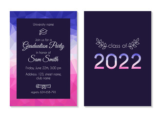 Vector template of announcement or invitation to Graduation ceremony or party of 2022. Grad poster on abstract geometric background. Vertical banner. Vector illustration