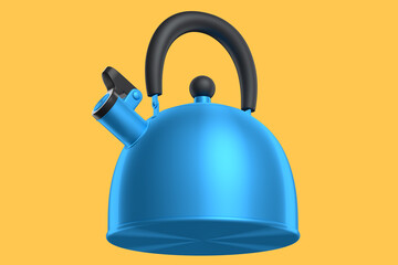 Stainless steel stovetop kettle with whistle isolated on orange background.