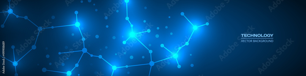 Poster vector technology background with abstract molecular structure. tech dark blue science, research or 