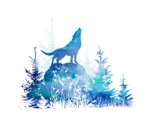 The wolf howls in the blue forest on a stone. Vector illustration © Мария Неноглядова