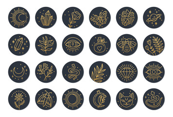 Collection of social media highlight covers. Mystic boho set of minimal icons, simple bohemian hand drawn logo design. Vector illustration.