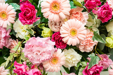 Close-up of colorful Takasago flowers at a wedding reception