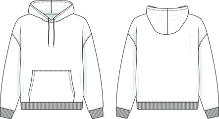 Hoodie sweatshirt flat technical drawing illustration mock-up template for design and tech packs men or unisex fashion CAD streetwear. 