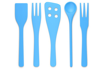 Wooden kitchen utensils, tools and equipment on white background.