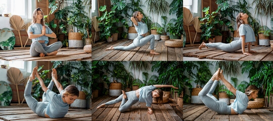 Woman yoga workout, asana pose exercise. Collage of photos on the theme of sports for life