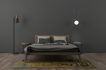 Luxury, confortable and cozy home bedroom interior with unmade velvet beige bed, light and dark grey cushions on empty grey wall background. Wood floor. 3D rendering