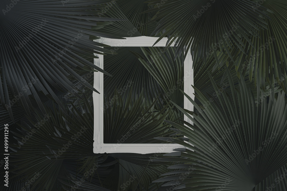 Poster 3d rendering of white picture frame covered by palm leaves. flat lay of minimal style concept