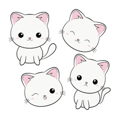 Zestaw słodkich białych kotków z różnymi minami. Kot w stylu kawaii. Ilustracja wektorowa na białym tle. - obrazy, fototapety, plakaty