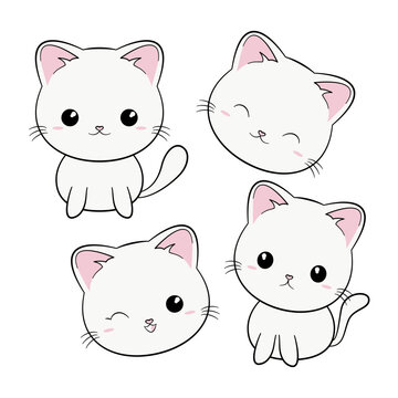 Zestaw słodkich białych kotków z różnymi minami. Kot w stylu kawaii. Ilustracja wektorowa na białym tle.
