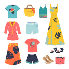 Woman summer clothing vector icon set. dress, sundress, shorts, skirt, shoes, bag, T-shirt, hat, glasses pants 