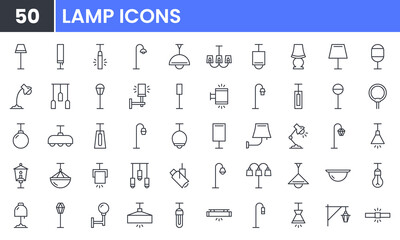 Lamp and Lighting Design vector line icon set. Contains linear outline icons like Floor Light, Spotlight, Desk Lamp, Lantern, Chandelier, Ceiling, Led, Bulb, Backlight. Editable use and stroke for web