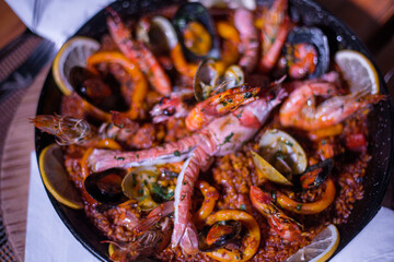 Fresh Paella dish on the table