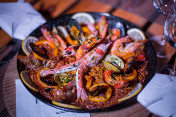Fresh Paella dish on the table