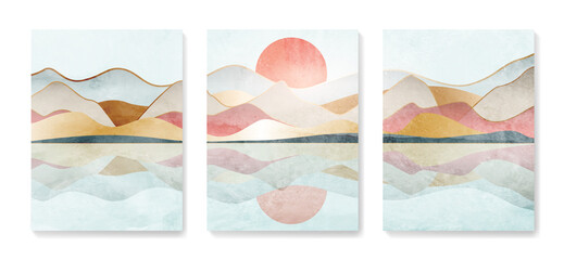 Luxury landscape art background with mountains and hills in a watercolor style with golden elements. Vector set of abstract posters for decoration, print, wallpaper, textile.