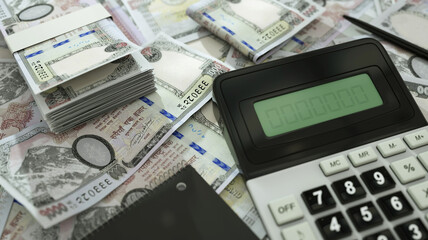 Nepalese rupee notes spread out  with a calculator, pen and notebook. 3d rendering