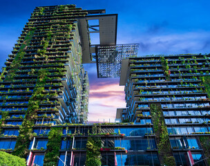 Fototapeta premium Apartment block in Sydney NSW Australia with hanging gardens and plants on exterior of the building at Sunset with lovely colourful clouds in the sky