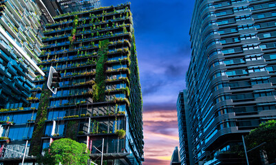 Obraz premium Apartment block in Sydney NSW Australia with hanging gardens and plants on exterior of the building at Sunset with lovely colourful clouds in the sky