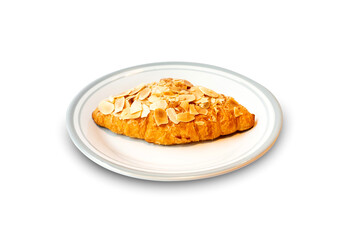 Tasty crusty croissants on the plate on white background.Fresh baked almond breakfast croissants with nuts.