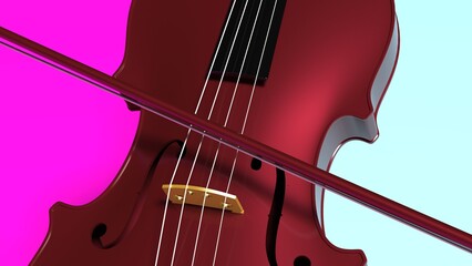 Deep Red-Gold classic violin on purple-blue plane under spot lighting background. 3D sketch design and illustration. 3D high quality rendering.