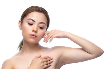 Close up portrait of a beautiful half naked woman with perfect, natural, clean and cosmetic skin...