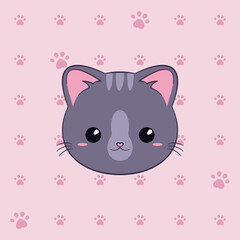 Kocia głowa na różowym tle w deseń w kocie łapki. Kot w stylu kawaii. Dziecięcy wzór na plakat lub t-shirt. Ilustracja wektorowa na białym tle.