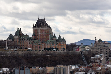 View of the old Quebec city and the Frontenac castle from the south shore of the St Lawrence river...