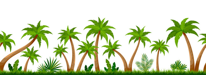 Tropical palm tree green seamless background flat. Dense summer foliage forest landscape horizontal. Subtropical wallpaper tourism company profile screen saver exotic travel site isolated on white