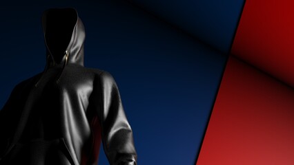Anonymous hacker with black color hoodie in shadow under deep blue-red background. Dangerous criminal concept image. 3D CG. 3D illustration. 3D high quality rendering.