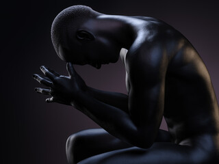 A male figure in distress with his hands on his forehead. 3D illustration.