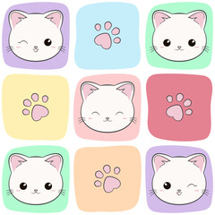 Kolorowe ręcznie rysowane kwadraty, kocie głowy i łapki. Głowa białego kota. Mozaika. Powtarzalny wzór. Dziecięcy kolorowy design w stylu kawaii.