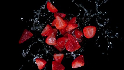 Super slow motion shot of rotating exploded strawberries with splashing water on black at 1000fps. - Powered by Adobe