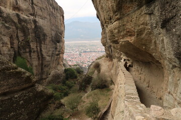 Kalambaka between two rocks on the way to the Monastery of the Holy Trinity