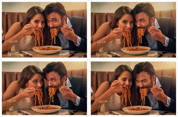 Love and pasta. What more do you need. Composite shot of a young couple sharing a plate of spaghetti during a romantic dinner at a restaurant.