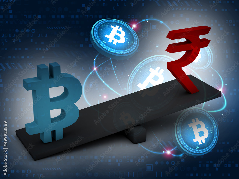 Poster 3d rendering bitcoin sign with indian rupee in scale