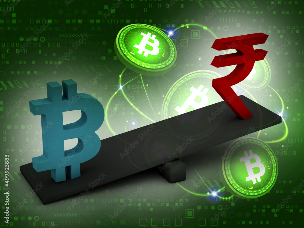 Poster 3d rendering bitcoin sign with indian rupee in scale