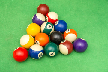 Numbered pool balls in triangle formation on table