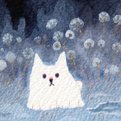 暗い洞窟の白犬