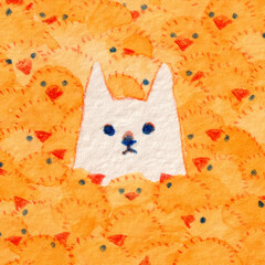ヒヨコにうずもれる白犬 © こまちみゆた