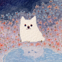 花咲く泉と白犬