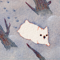 雪山を歩く白犬